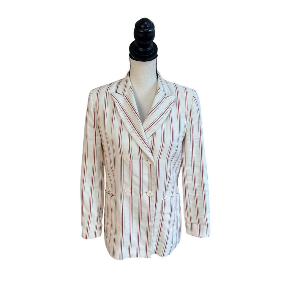 Sandro Paris Striped Linen Cotton Double Breasted Blazer FR 40 US 8
